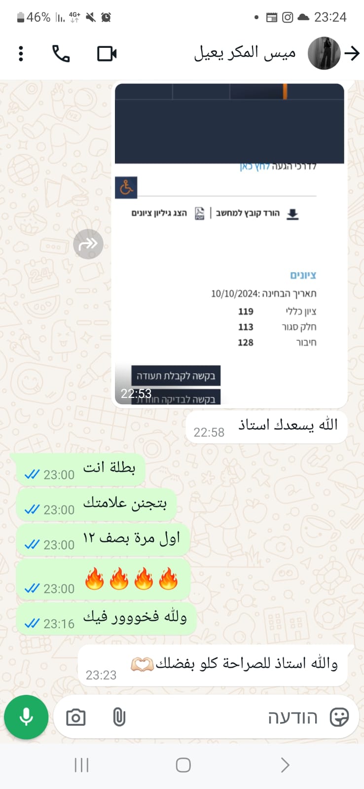 لقطة شاشة من نتائج وتجارب الطلاب في التحضير لامتحان ياعيل نت — 45